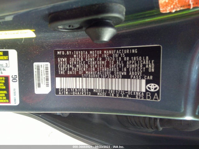 2016 TOYOTA COROLLA L/LE/S/S PLUS/LE PLUS VIN: 5YFBURHE1GP384209
