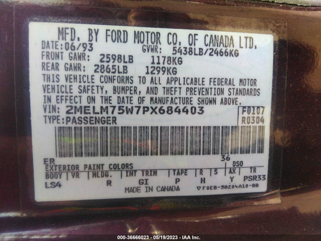 1993 MERCURY GRAND MARQUIS LS VIN: 2MELM75W7PX684403