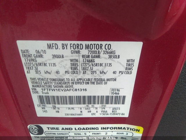 2010 FORD F-150 XL/XLT/FX4/LARIAT VIN: 1FTFW1EV2AFC81316