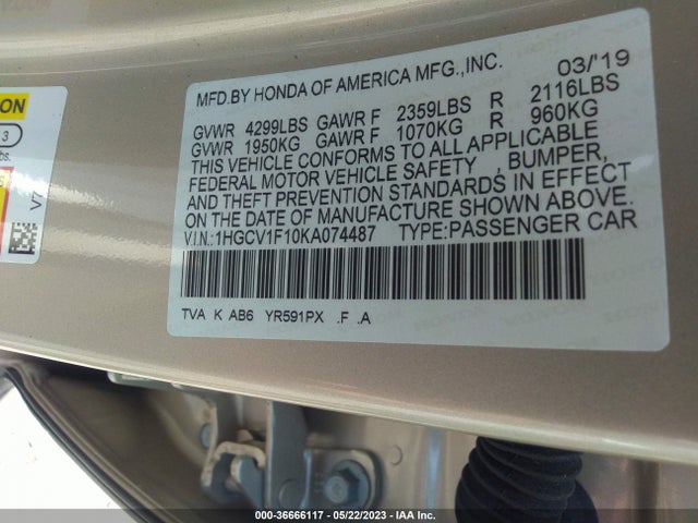 2019 HONDA ACCORD SEDAN LX 1.5T VIN: 1HGCV1F10KA074487