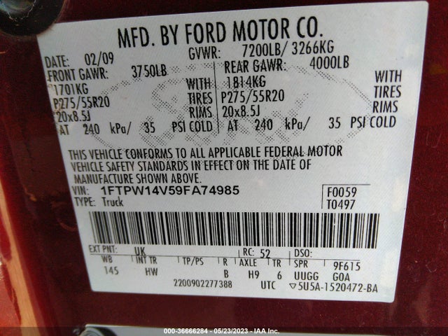2009 FORD F-150 XL/XLT/FX4/LARIAT VIN: 1FTPW14V59FA74985