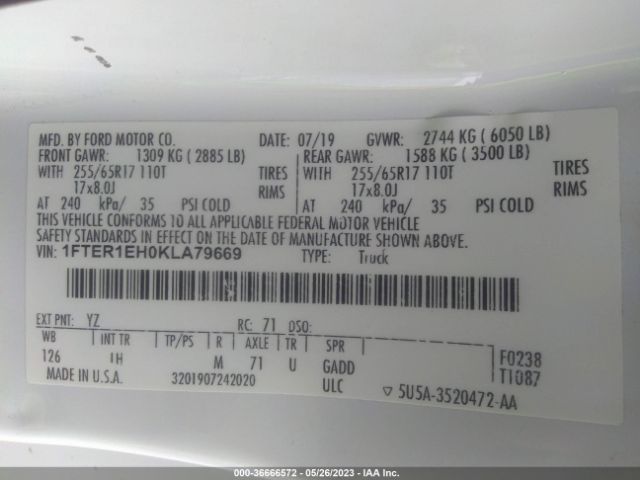 1FTER1EH0KLA79669 Ford Ranger Xl/xlt/lariat