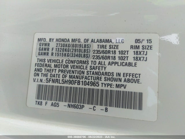 Honda Odyssey Touring 2015 5FNRL5H90FB104965 Image 9