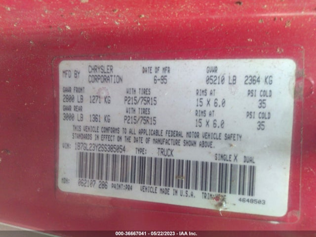 1995 DODGE DAKOTA VIN: 1B7GL23Y2SS385054