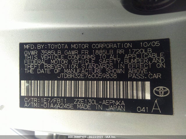 2006 TOYOTA COROLLA LE VIN: JTDBR32E760059838