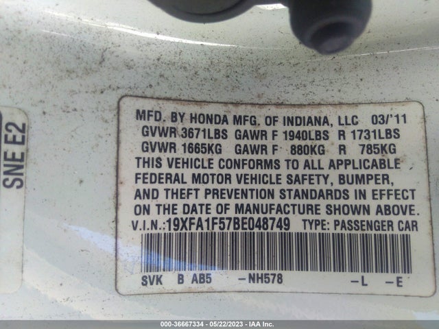 2011 HONDA CIVIC SDN LX VIN: 19XFA1F57BE048749
