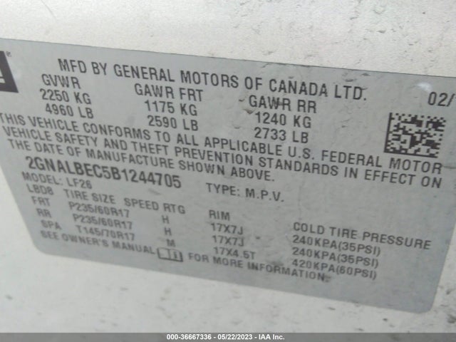 2011 CHEVROLET EQUINOX LS VIN: 2GNALBEC5B1244705
