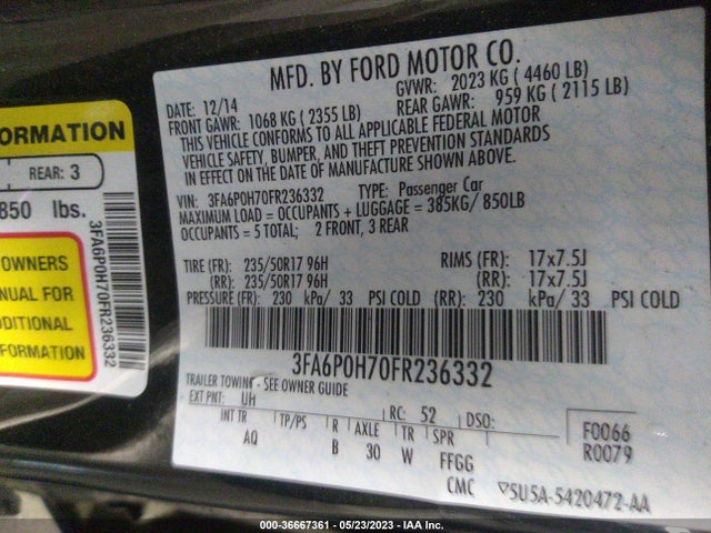 2015 FORD FUSION SE VIN: 3FA6P0H70FR236332