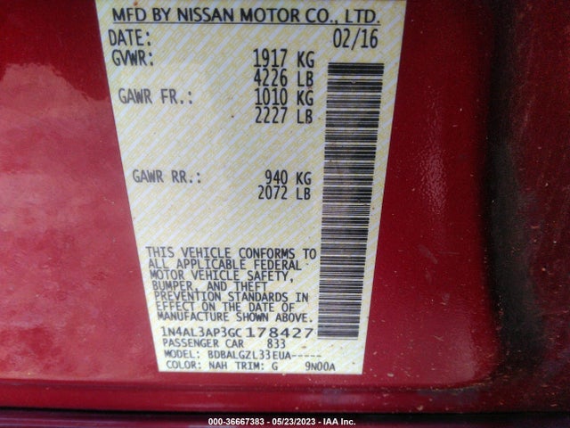 2016 NISSAN ALTIMA 2.5 VIN: 1N4AL3AP3GC178427