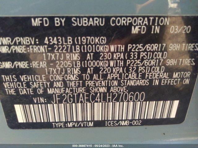 JF2GTAEC4LH270600 Subaru Crosstrek Premium
