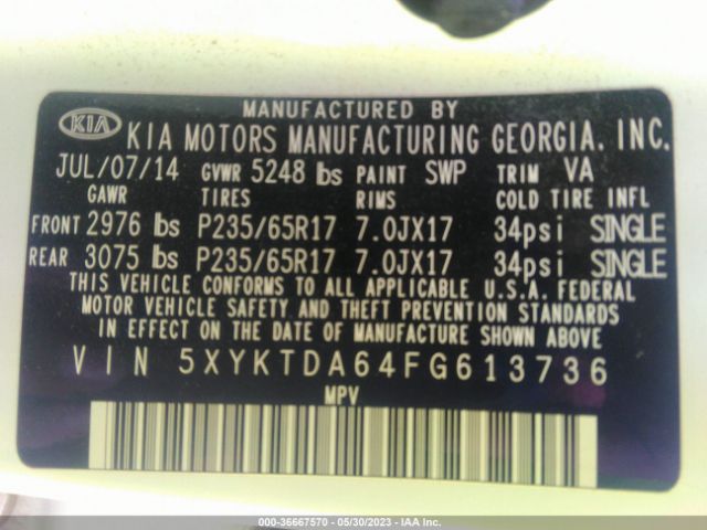 5XYKTDA64FG613736 KIA SORENTO LX