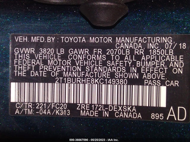 2019 TOYOTA COROLLA L/LE/SE/XLE/XSE VIN: 2T1BURHE8KC149380