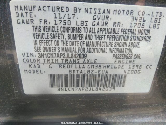3N1CN7AP2JL842039 Nissan Versa Sedan Sv