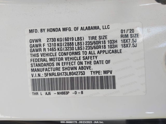 2020 HONDA ODYSSEY EX-L VIN: 5FNRL6H73LB042753