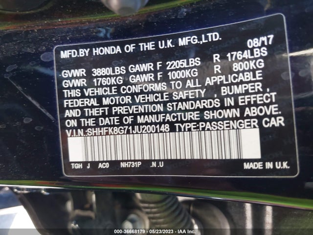 2018 HONDA CIVIC TYPE-R TOURING VIN: SHHFK8G71JU200148