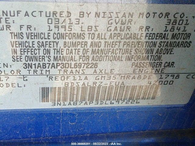 2013 NISSAN SENTRA SR VIN: 3N1AB7AP3DL697226