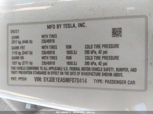 Tesla Model 3 Standard Range Plus 2021 5YJ3E1EA5MF070414 Image 8