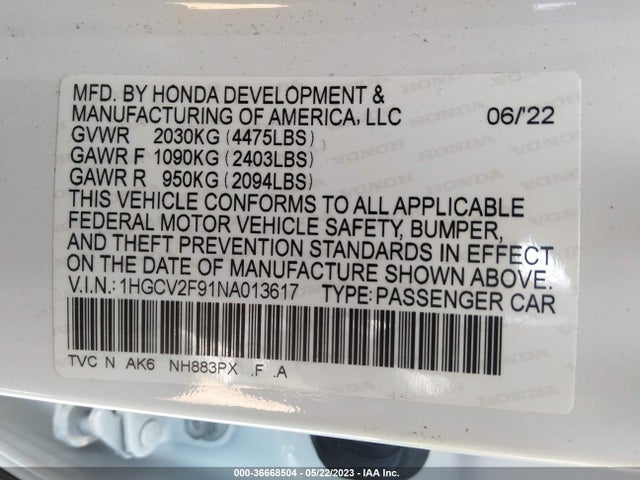 2022 HONDA ACCORD SEDAN TOURING VIN: 1HGCV2F91NA013617