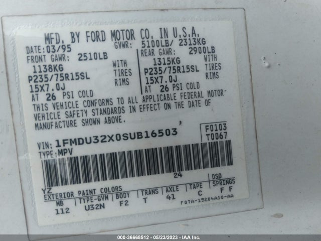1995 FORD EXPLORER VIN: 1FMDU32X0SUB16503