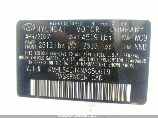 2022 HYUNDAI SONATA HYBRID LIMITED VIN: KMHL54JJ4NA050619
