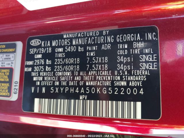 5XYPH4A50KG522004 KIA Sorento Ex V6