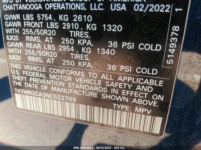 1V2WR2CA3NC522769 Volkswagen Atlas 3.6l V6 Se W/technology