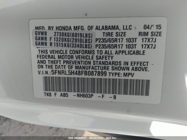 Honda ODYSSEY EX 2015 5FNRL5H48FB087899 Image 9