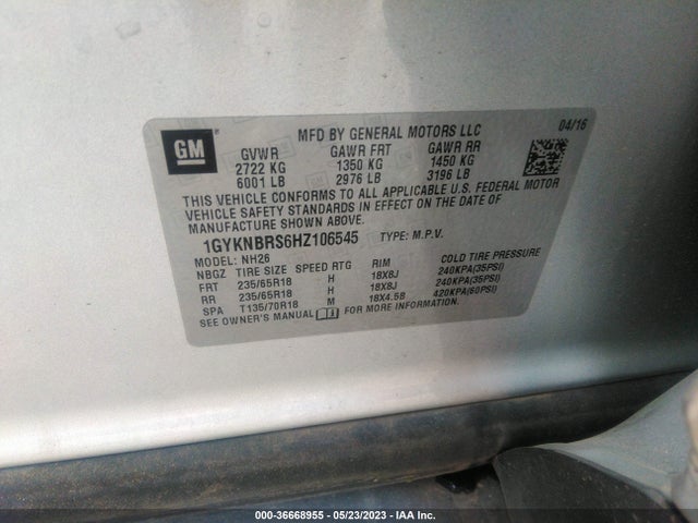 1GYKNBRS6HZ106545 Cadillac Xt5 Luxury Fwd