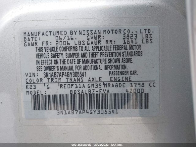 3N1AB7AP4GY305541 Nissan Sentra Sr/sl/s/sv/fe+ S