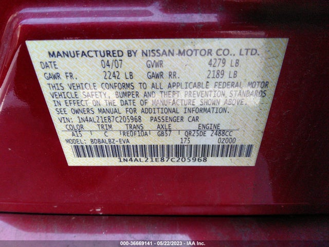 2007 NISSAN ALTIMA 2.5 VIN: 1N4AL21E87C205968