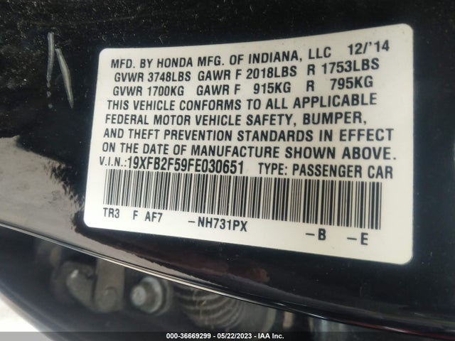 2015 HONDA CIVIC SEDAN LX VIN: 19XFB2F59FE030651