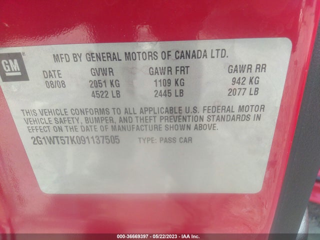 2009 CHEVROLET IMPALA 3.5L LT VIN: 2G1WT57K091137505