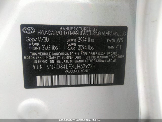 2020 HYUNDAI ELANTRA SEL VIN: 5NPD84LFXLH629225