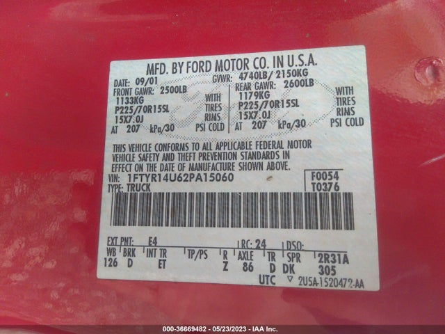 2002 FORD RANGER XLT VIN: 1FTYR14U62PA15060