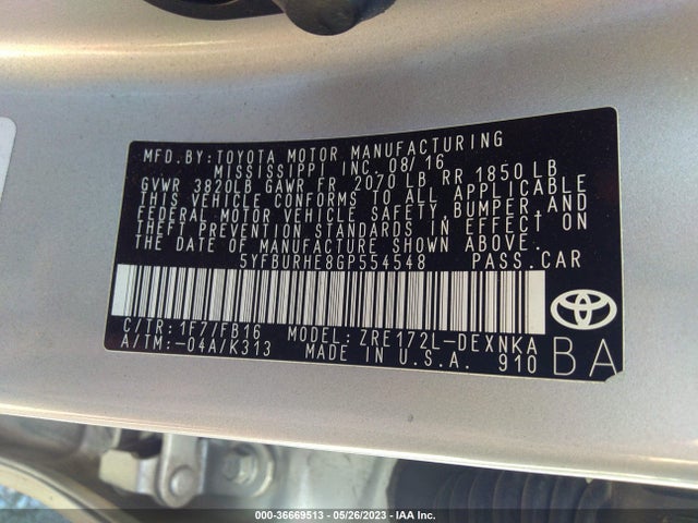 2016 TOYOTA COROLLA L/LE/S/S PLUS/LE PLUS VIN: 5YFBURHE8GP554548
