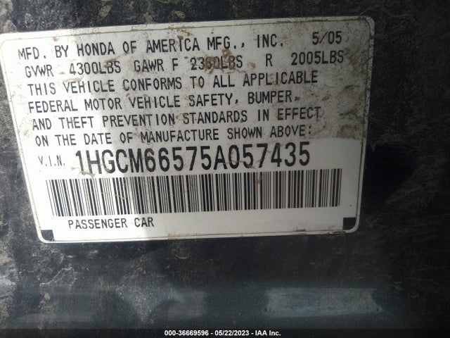 2005 HONDA ACCORD SDN EX-L V6 VIN: 1HGCM66575A057435