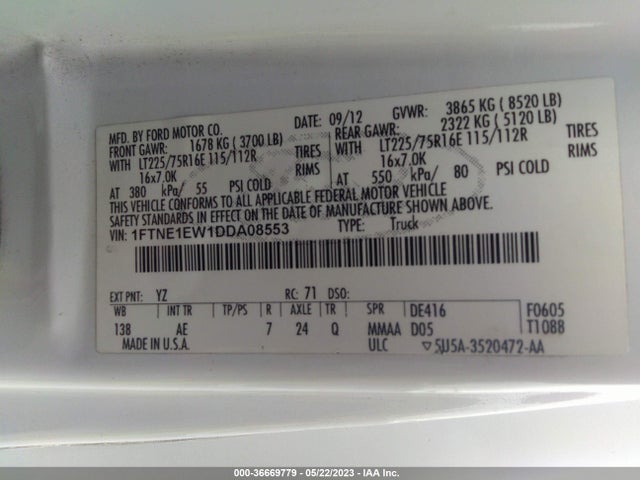 2013 FORD ECONOLINE CARGO VAN COMMERCIAL/RECREATIONAL VIN: 1FTNE1EW1DDA08553