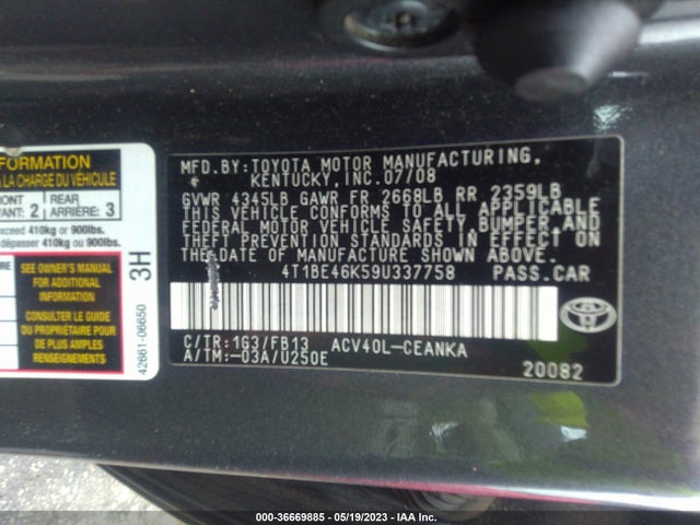 2009 TOYOTA CAMRY VIN: 4T1BE46K59U337758