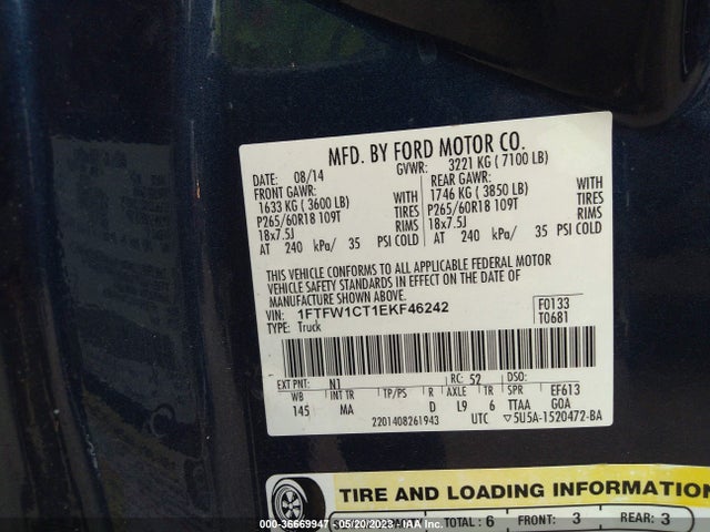 2014 FORD F-150 XL/XLT/FX2/LARIAT VIN: 1FTFW1CT1EKF46242