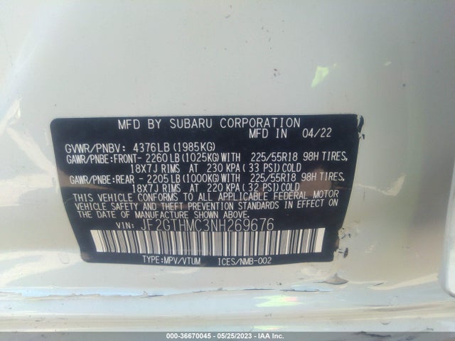 2022 SUBARU CROSSTREK LIMITED VIN: JF2GTHMC3NH269676