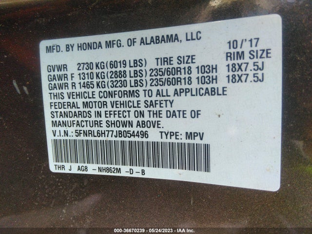 Honda Odyssey Ex-l 2018 5FNRL6H77JB054496 Image 9