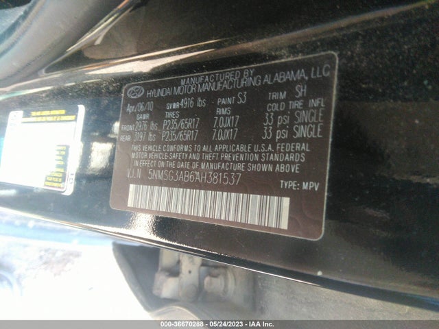 2010 HYUNDAI SANTA FE GLS VIN: 5NMSG3AB6AH381537