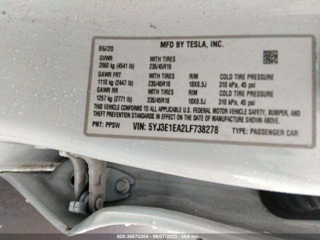 5YJ3E1EA2LF738278 Tesla Model 3 Standard Range