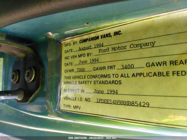 1994 FORD ECONOLINE E150 VAN VIN: 1FDEE14H9RHB85429