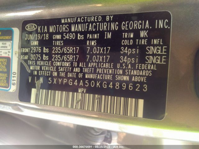 5XYPG4A50KG489623 KIA Sorento Lx V6