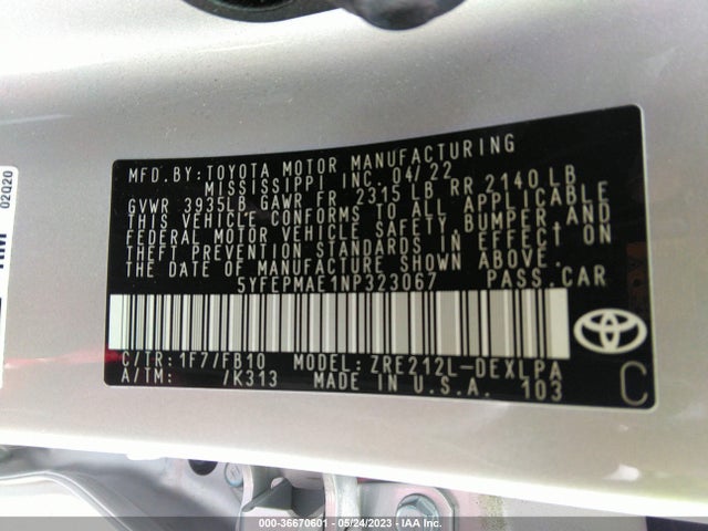 2022 TOYOTA COROLLA LE VIN: 5YFEPMAE1NP323067