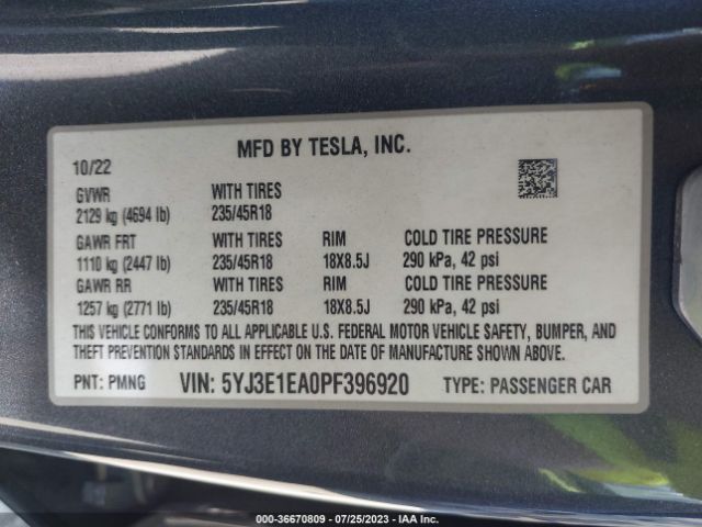 5YJ3E1EA0PF396920 Tesla MODEL 3
