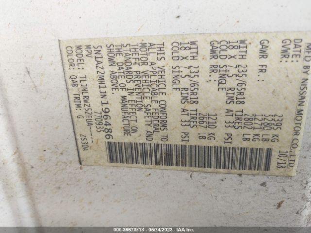 5N1AZ2MH1JN196486 Nissan MURANO SL