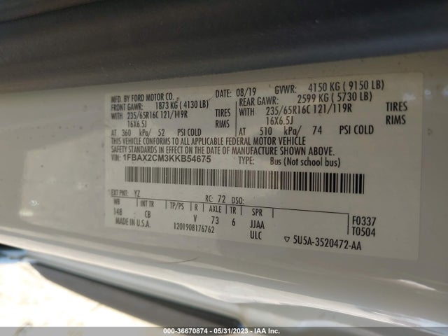 Ford Transit Passenger Wagon Xl/xlt 2019 1FBAX2CM3KKB54675 Image 10