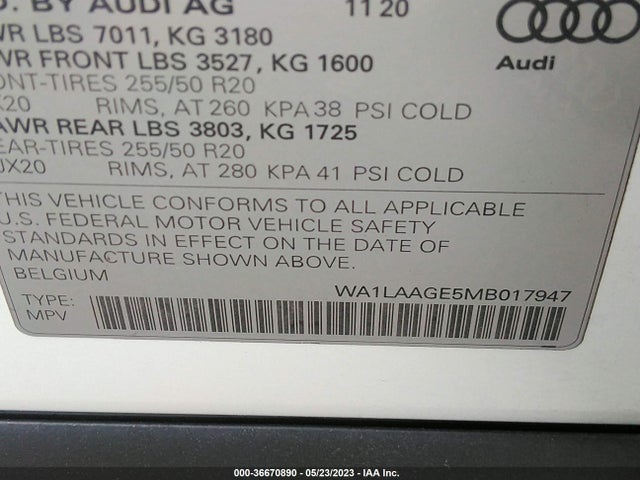 2021 Audi e-tron, VIN: WA1LAAGE5MB017947